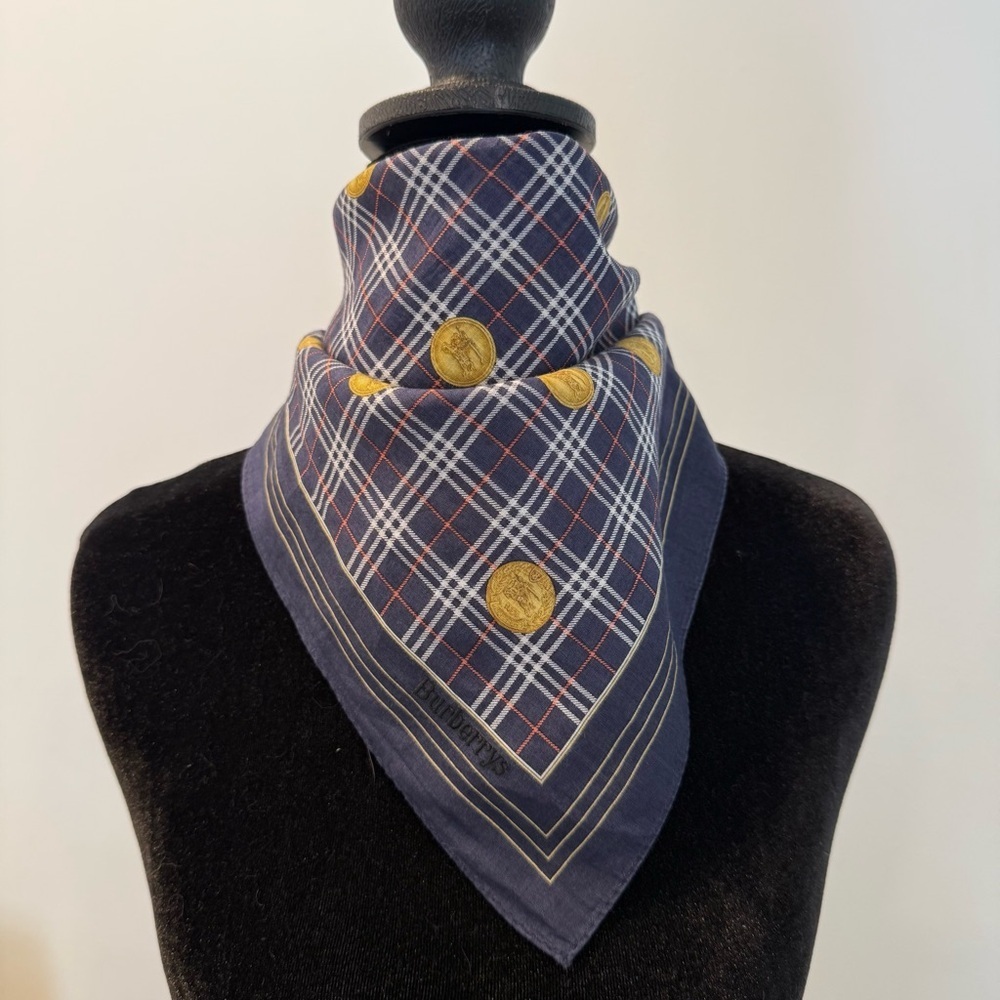 Burberrys Navy and Gold Plaid Handkerchief Bandana Cotton Scarf 20”